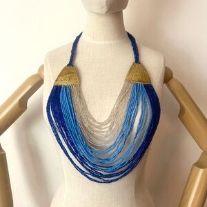 90’s VINTAGE Statement Bib Elegant Blue and Brass Hand Seed Beaded Necklace